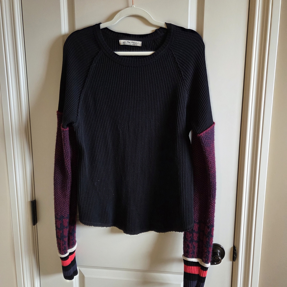 Free People Black and Purple Crew Neck Sweater